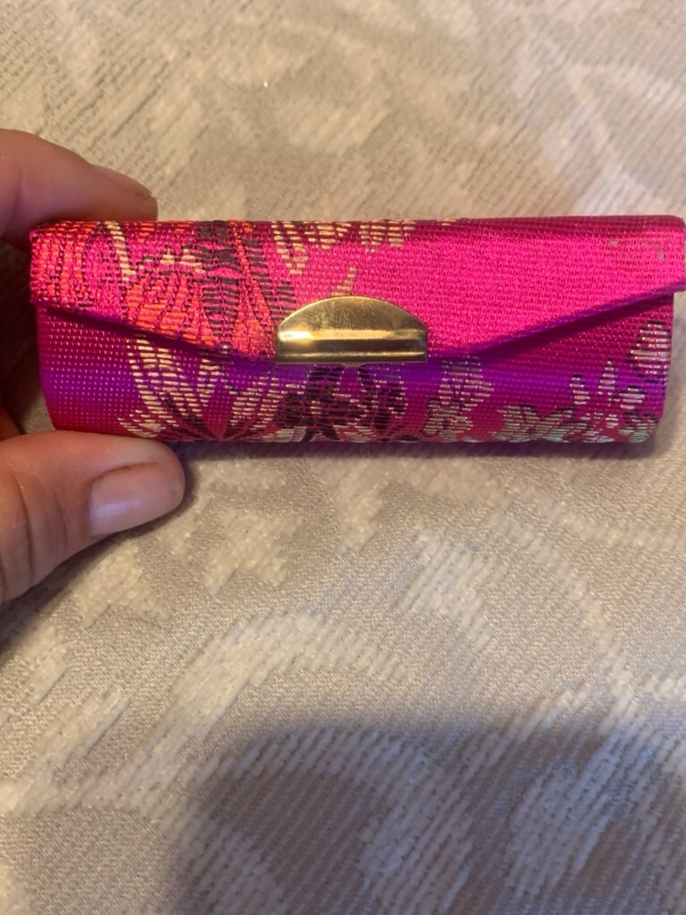 Bright Pink Floral Jacquard lipstick Case with Gold Accent